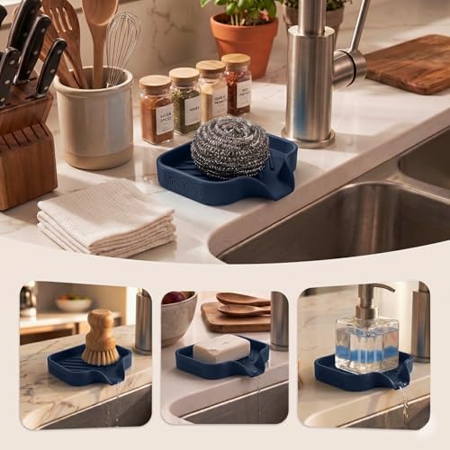 MicoYang Silicone Soap Dish with Drain Spout, Self-Draining Sink Organizer Tray for Bathroom and Kitchen, Sponges, Dispensers & Soap Holder, Non-Slip & Dishwasher Safe, Navy Blue (Compact, 4.9"×3.2") - Image 3