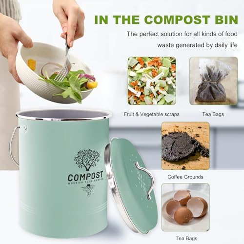 Kitchen Countertop Compost Bin, Odor Resistant Indoor Compost Bin with Lid and Charcoal Filter, Rust Resistant Coated Compost Bucket, Compost Container, Mint - Image 5
