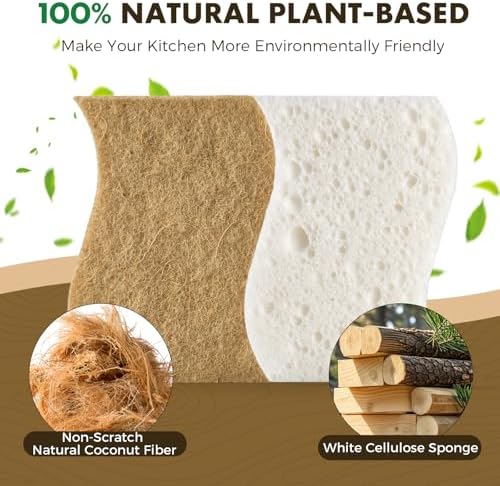 COBETE 12 Pack Natural Biodegradable Kitchen Non Scratch Sponges,Compostable Plant Based Coconut Cellulose Sponge,Eco Friendly Reusable Dish Scrubber Sponge for Pots, Pans & Household Cleaning - Image 2