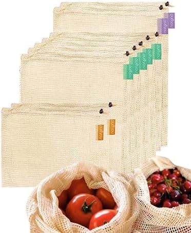 purifyou Set of 9 Reusable Organic Cotton Produce Bags – Heavy Duty Double-Stitched Mesh, Unbleached, Drawstring Closure – 2 XL (12x20), 5 L (12x14), 2 S (12x8) by purifyou