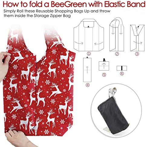 BeeGreen Christmas-Reusable Shopping Bags 12 Pack with Zipper Storage Pouch Christmas-Gifts Grocery Bags Bulk 50LBS X-Large Foldable Machine Washable Santa Deer Snowman - Image 3