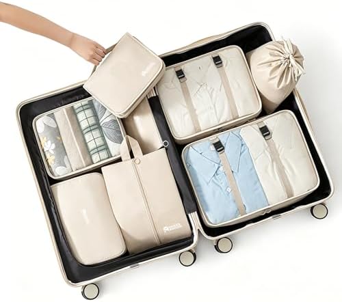 8 Set Packing Cubes for Travel Essentials With Hanging Toiletry Bag for Women, Lightweight Suitcase Organizer Bags with Mackup bag, Carry-On Luggage Accessories (Beige) - Image 5
