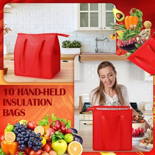 10 Pack 10 Pack Large Insulated Grocery Bag Zippered, Red - Image 4