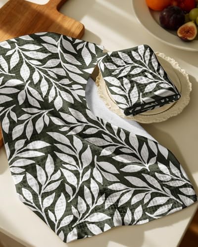Miss Adola 370GSM Cotton Waffle Kitchen Towels, Leaf - Image 2