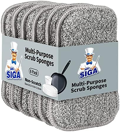 MR.SIGA Dual-Sided Scrub Sponges, Reusable Dishwashing Sponges, 6 Pack by MRSIGA