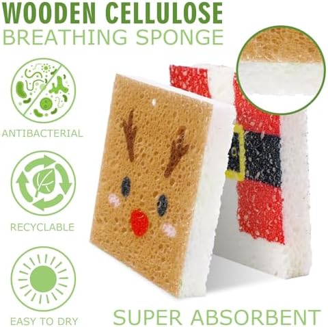 Whaline 8Pcs Christmas Character Kitchen Sponges Santa Reindeer Snowman Elf Water Absorbing Dish Washing Sponge Non Scratch Cleaning Scrub Sponges for Holiday Home Kitchen Bathroom - Image 3