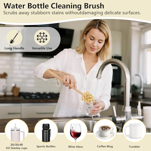 5 Pack Bamboo Dish Brush Set with 14’’ Bottle Brush - Image 3