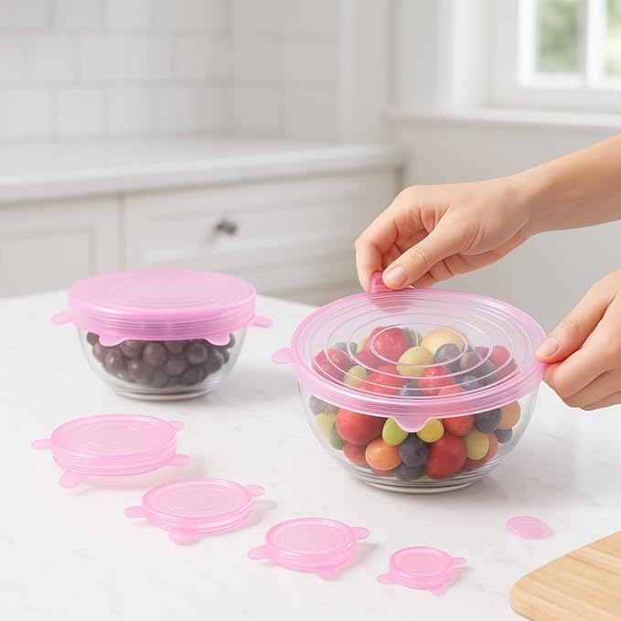Silicone Stretch Lids Pink (6 Pack) Reusable Airtight Food Covers for Bowls, Containers & Fruits |Elastic BPA-Free Stretchable Lids | Microwave, Freezer & Dishwasher Safe | Plastic Wrap Alternative