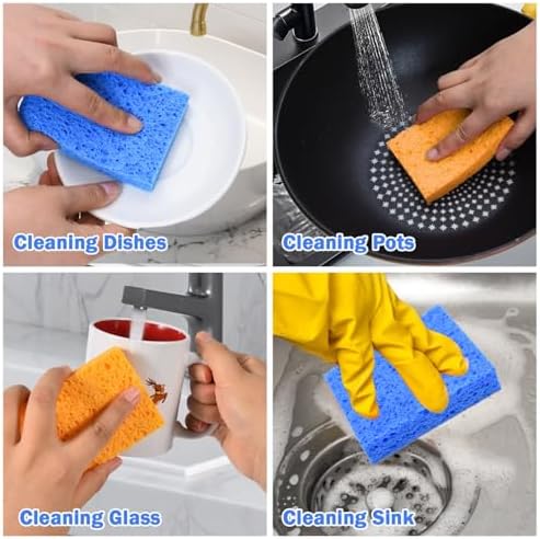 YoleShy 20 Pack Sponges Kitchen Natural Compressed Cellulose Sponges for Dishes Non Scratch for Household Cookware Bathroom Cars Soft Super Absorbent Reusable, Blue and Yellow - Image 5