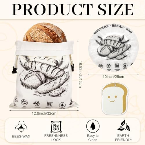 Booson 5 Pcs Beeswax Bread Bags XL(13x17in) Reusable with Bowl Covers Set - Image 2