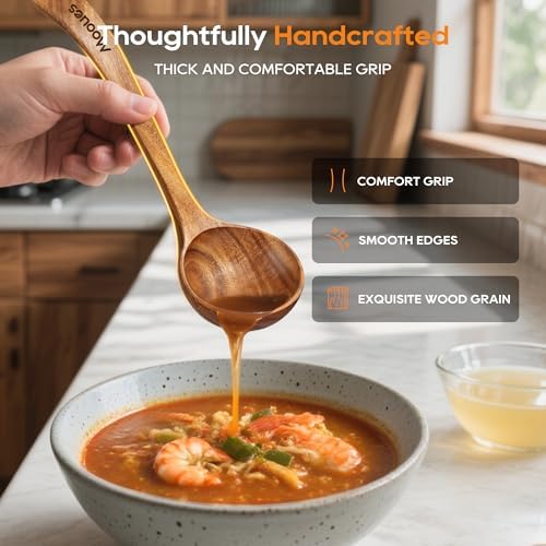 Wooden Ladle for Soup, 3 Size Teak Wood Ladle Spoon with Back Hooks, Heat Resistant Wooden Spoons for Cooking, Non-Stick, Comfortable Grip, Wood Kitchen Utensils Set for Serving, Stirring - Image 2