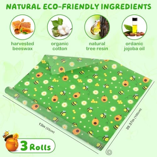 Beeswax Food Wraps 3 Roll 13 x 39 Inch Reusable Beeswax Wraps Eco-Friendly Sustainable Food Storage Wraps for Sandwich, Cheese, Fruit, Bread, Snacks - Image 2