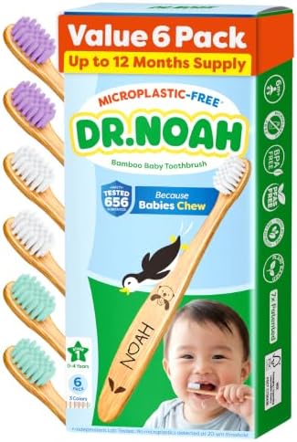Dr. Noah Microplastic-Free Bamboo Baby Toothbrush, Dentist Designed, 6 Pack by DrNoah