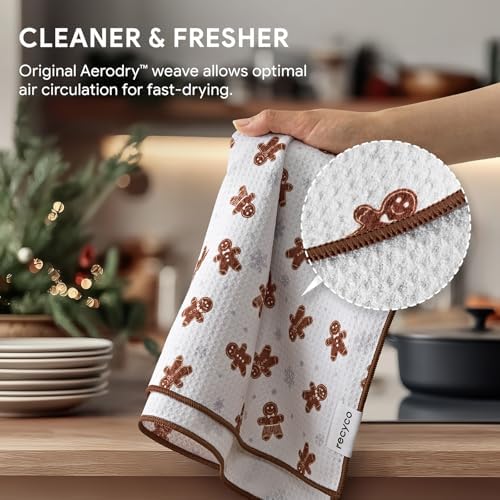 RECYCO Christmas Waffle Kitchen Towel Set of 2 - Quick Dry Microfiber Sustainable Dish Towels - Ultra Absorbent Reusable Cleaning Tea Towels - Lightweight Hand Towels,16”x 28”, Gingerbread Joy - Image 4