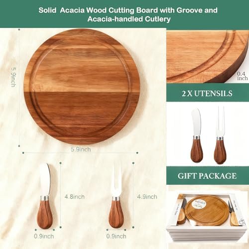 6-Inch Acasia Cheese Board Set with Knife & Fork, Personal Charcuterie Board & Dessert Plate, Reusable PP Storage Box, Gift-Ready for Wedding, Bridal Shower, Baby Shower, Party, 8 Pack - Image 2