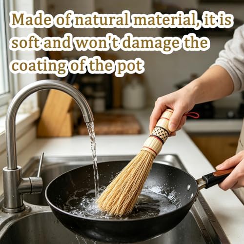 2-piece Set of Natural Long Handled Sorghum Pot Brush, Dishwasher Brush, Kitchen Cleaning Brush, Long Brush Head Suitable for Cleaning Flat Bottomed Pans, pots, Kitchen Sinks, and Vegetable Boards - Image 3