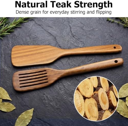 Wooden Spoons for Cooking, 2-Piece Teak Wood Kitchen Utensil Set, Nonstick Safe Wooden Spatulas, Smooth Heat-Friendly Cooking Utensils for Everyday Meals (A02) - Image 2