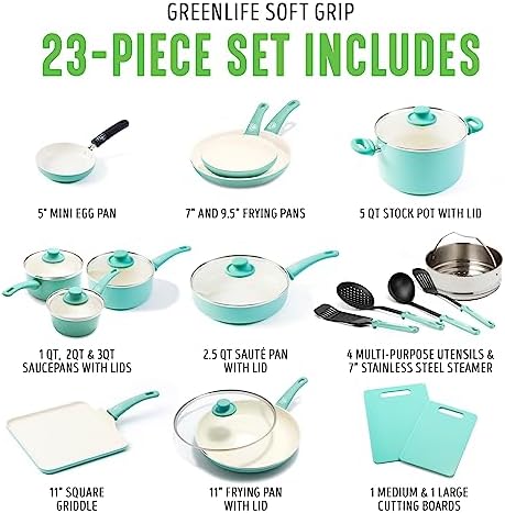 GreenLife Soft Grip 23 Piece Kitchen Cookware Pots and Frying Saucepans Set, Healthy Ceramic Nonstick PFAS and PFOA-Free, Dishwasher and Oven Safe, Even Heating, Easy Clean, Warp Control, Turquoise - Image 3
