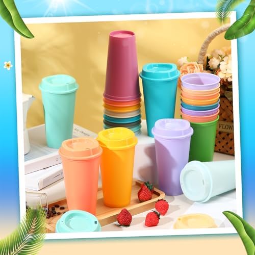 Honeydak 45 Pack 16 oz Reusable Coffee Cups with Lids Water Bottle Iced Coffee Travel Mug Reusable Portable Plastic Tea Tumblers Bulk for Hot and Cold Drinks Birthdays Party(Classic,Macaron Color) - Image 3