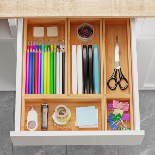 Bamboo Drawer Organizer Boxes, 5 PCS Junk Drawer Organizer, Wooden Storage Trays for Kitchen, Bathroom, Office, Makeup - Image 2