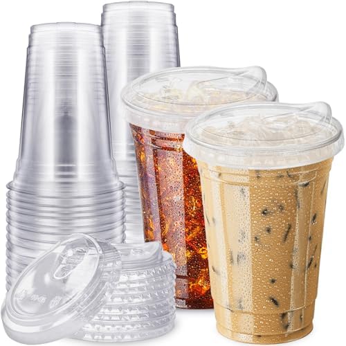 Qinsihwn 20 oz Clear Plastic Cups with Strawless Sip Lids,50 Sets Disposable Iced Coffee Cups with Lids,Disposable Clear Plastic Cups with Lid for Iced Coffee,Smoothie,Cold Drinks for Party by Qinsihwn