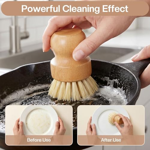 Wooden Dish Brush Handheld Bamboo Wok Brush Scrubber for Dishes Pans Pots Fruit and Veggie Washing(1,Beige) - Image 5