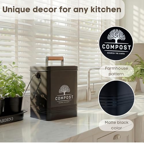 PERFNIQUE Kitchen Compost Bin, 1.7 Gallon Countertop Compost Bin with Lid, Indoor Compost Bin Includes 2 Carbon Filters, Small Compost Bucket, Food Waste Bin for Kitchen with Trash Bags (Matte Black) - Image 4