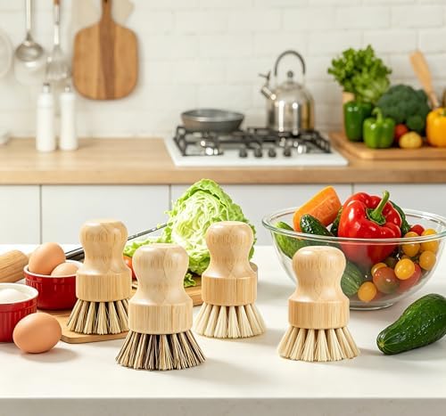 Bamboo Dish Brush Set with Palm and Sisal Bristles, 4 Pcs Natural Bamboo Dish Scrubber Brush for Kitchen Cleaning, Pots, Pans, Vegetables, Fruit - Image 7