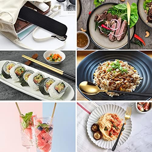 AARAINBOW 6 Pieces 18/8 Stainless Steel Flatware Set Portable Reusable Cutlery Set Travel Utensils Set Including Chopsticks Knife Fork Spoon Straws Cleaning Brush Dishwasher Safe (Black golden) - Image 3