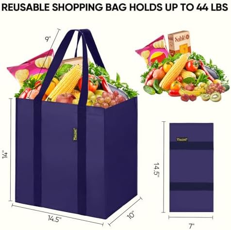 BALEINE 4 PK Grocery Bags Reusable Shopping Bags with Reinforced Bottom, Heavy Duty Foldable Tote Bags (Navy Blue) - Image 2