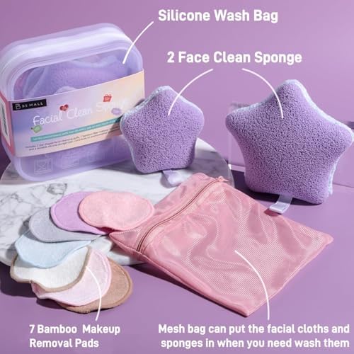 BS-MALL Gentle Facial Sponge -10 Pcs Set Face Clean Sponges Reusable Makeup Removal Pads Clean Deep Down Dirt & Makeup Using Only Water, Gentle Exfoliator Cleansing Puff,with Silicone Travel Bag - Image 2