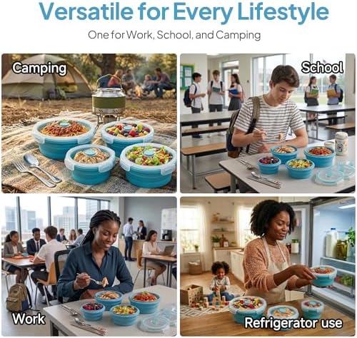 Collapsible Silicone Food Storage Containers with Lids, Set of 4 Sizes (12/17/27/40oz), Leakproof Collapsible Lunch Box, Microwave Freezer Dishwasher Safe, Space Saving for Camping RV Travel - Image 2