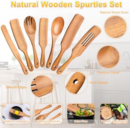 Spurtles Kitchen Tools Wooden, 7Pcs Wooden Spoons for Cooking, Natural Premium Spatula Set, Heat Resistant Cooking Utensil for Nonstick Cookware, Spurtle for Sourdough Starter - Image 3