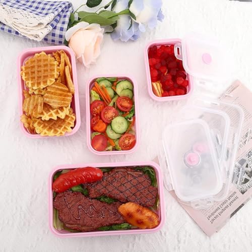 4 Collapsible Silicone Food Storage Containers, Square, Pink - Image 4