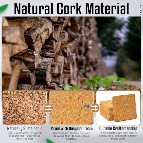 Bleeker & Rowe Recycled Cork Coasters, Set of 6, 4x4 inches, Non-Slip, Absorbent - Image 3