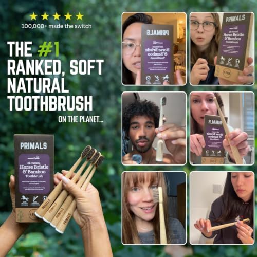 PRIMALS Horse Bristle & Bamboo Toothbrush (4-Pack) - Luxurious & Soft Horse Bristles - Fully Biodegradable - Plastic & Nylon Free - Quick Dry Design - Image 3