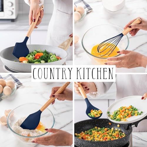 Country Kitchen Non Stick Silicone Utensil Set with Rounded Wood Handles for Cooking and Baking, 14 Piece Set, Navy - Image 7