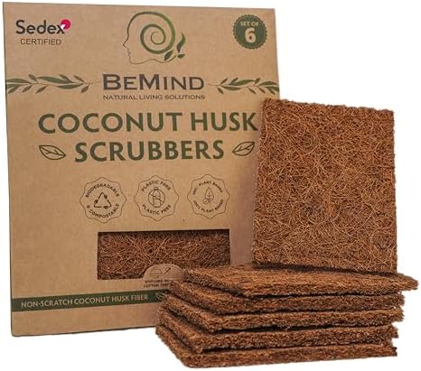 Coconut Scrubber(6) - Natural Dish Scrubber | Eco Friendly & Non-Scratch Coconut Husk Scouring Pad by BeMind