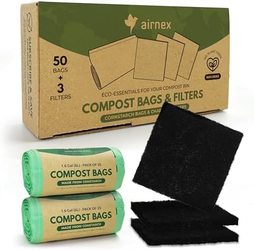 AIRNEX Compostable Trash Bags & Charcoal Filters for Compost Bucket Value Pack for Clean & Odorless Composting - 50 Pcs Compostable Trash Bags Small 1.6 Gal & 3 Pcs Compost Bin Filters Charcoal 3.5" by Airnex