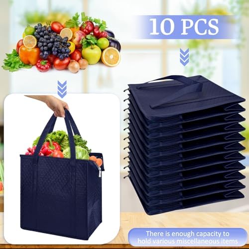10 Pack 10 Pack Large Insulated Grocery Bag Zippered, Navy Blue - Image 4