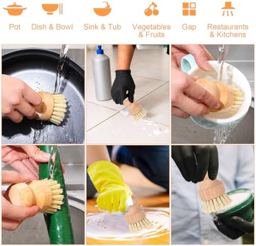 cobee 12Pcs Bamboo Dish Scrub Brushes, Kitchen Dishwashing Scrubber with Natural Sisal Bristles Round Wooden Dish Scrubber Brush for Iron Pot Pan Food Kitchen Sink Fruit Vegetable Wash - Image 5