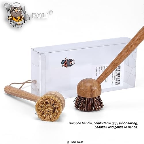 Foli Long Handle Bamboo Dish Scrub Brush 2Pack with Sisal & Palm Bristles - Image 3