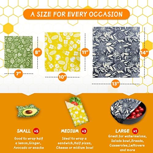 Organic Beeswax Wrap - Reusable Food Wrap Set, 9 Pack - 1L, 5M, 3S Flower Patterns - Sustainable, Sandwich Storage - Image 3