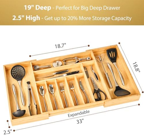 Umilife Extra Large Expandable Kitchen Siverware Utensils Drawer Organizer, 19" Deep for Big Drawer, Adjustable Bamboo Wood Drawer Divider with Curved Grooves, Cutlery Tray Flatware Holder - Image 2