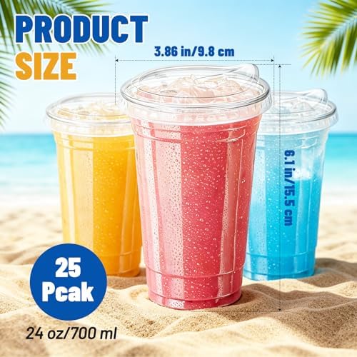 Qinsihwn 24 oz Clear Plastic Cups with Lid,25 Pack Disposable Iced Coffee Cups with Strawless Sip Lids,To Go Cups for Juices,Smoothies,Cold Drinks for Party,Event - Image 2