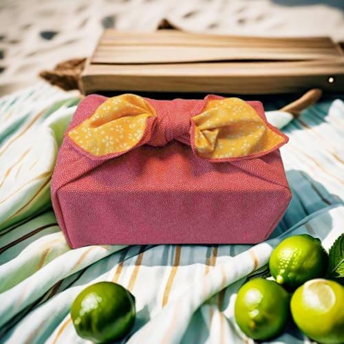 Furoshiki Japanese Wrapping Cloth Eco Gift Wrap Paper Reversible Cherry blossoms Eco-bag Christmas birthday Bento Lunch Box Wine Bottle Box Kimono Cover (Red and Yellow, 27.6 x 27.6 inches) - Image 4