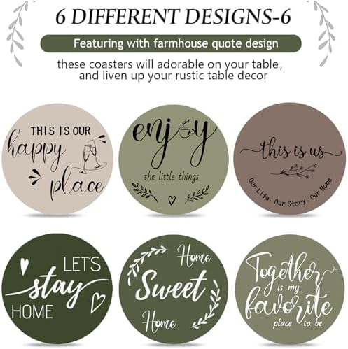 Queekay House Warming Gifts New Home Farmhouse Coasters Set of 6, Green - Image 4