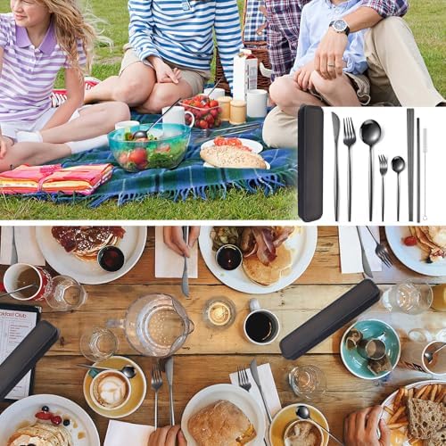 AARAINBOW 8 Pieces Stainless Steel Flatware Set Portable Reusable Cutlery Set Travel Utensils Set Including Chopsticks Knife Fork Spoon Straws Cleaning Brush Dishwasher Safe (Black) - Image 4