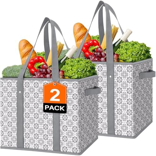 Reusable Grocery Bags 2 Pack, Foldable & Water Resistant Shopping Bags by WiseLife