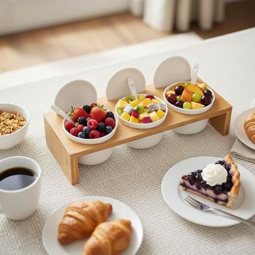 MyGift 10 Pcs Sauce Serving Dish, Hosting Party Essentials Host Gift, 3 Ceramic Ramekin Chip Dip Bowls with Lids & Spoons, Premium Bamboo Server Tray, Condiment Pot Entertaining - Image 5